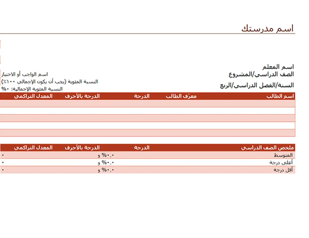 دفتر درجات المعلم (استنادًا إلى النسب المئوية)