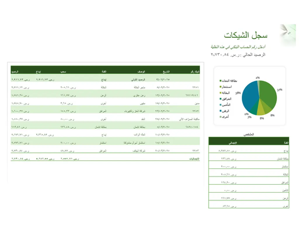 سجل الشيكات مع مخطط