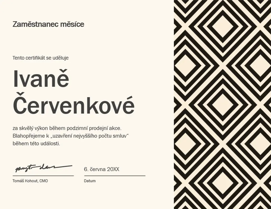 Kosočtvercový certifikát pro zaměstnance měsíce  modern-geometric