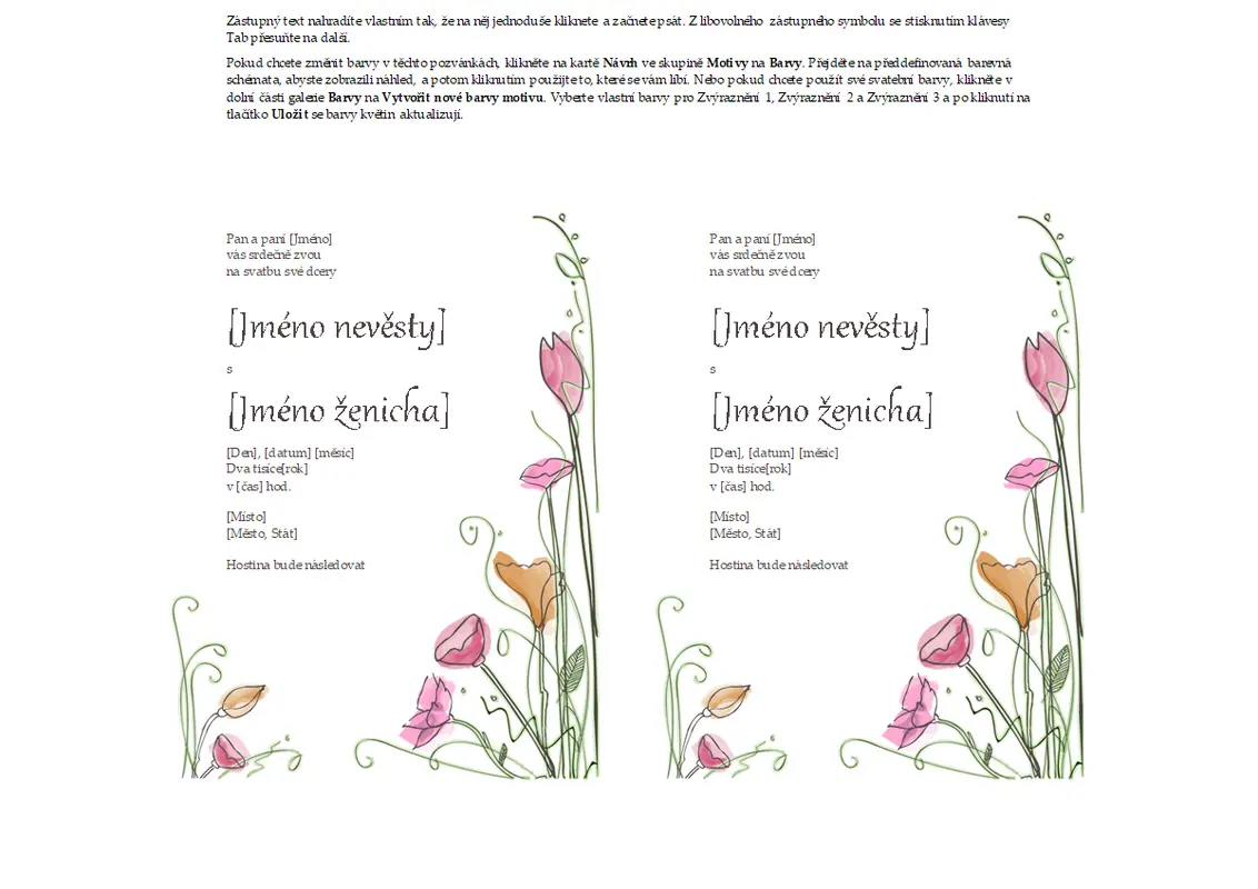 Svatební pozvánky (akvarelový design, 2 na stránku, funguje s Avery 5389)