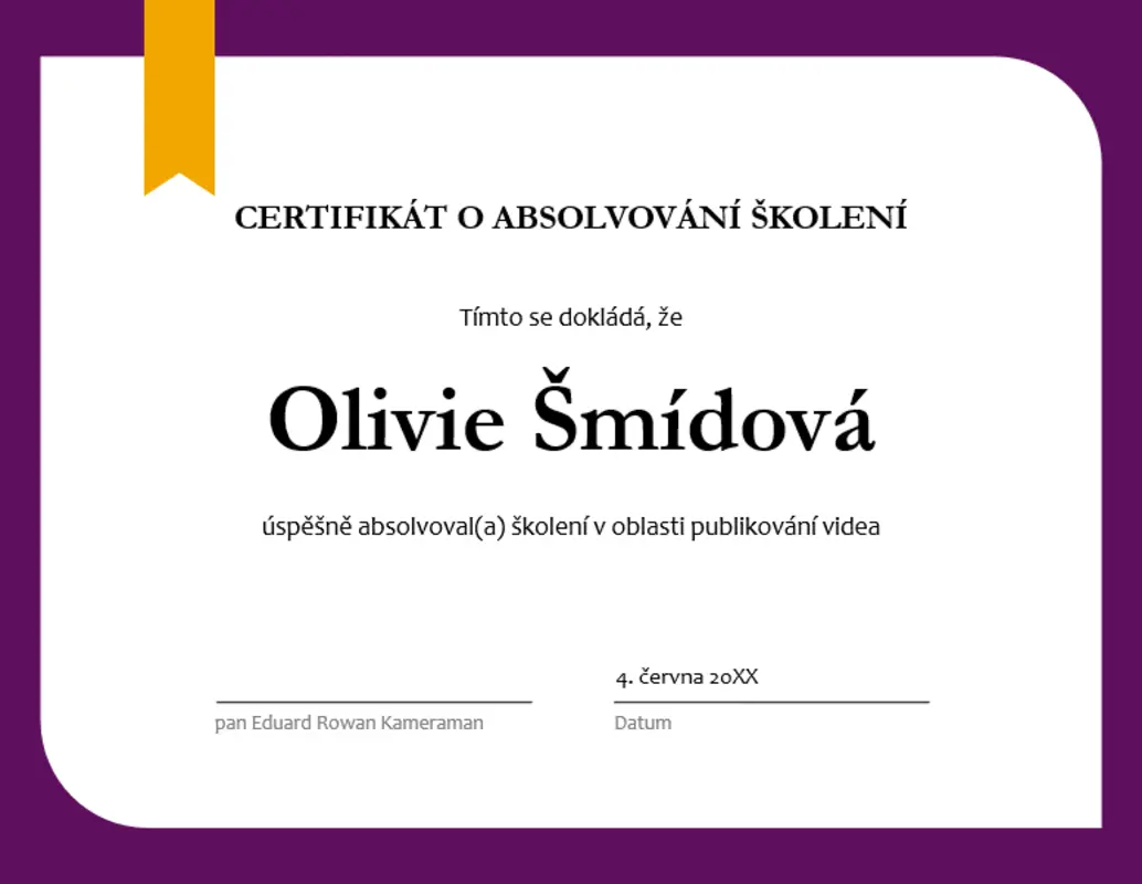 Certifikát o absolvování školení purple modern-simple