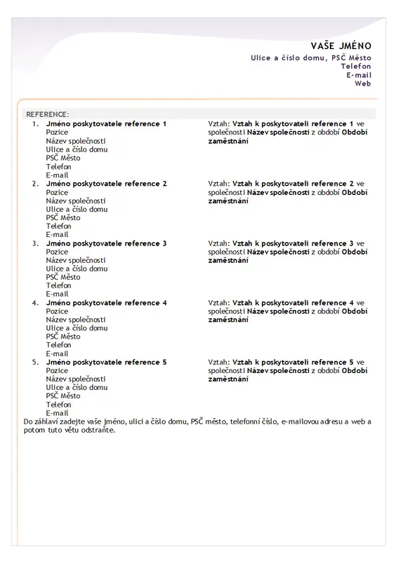 Seznam referencí k základnímu profesionálnímu životopisu modern-simple