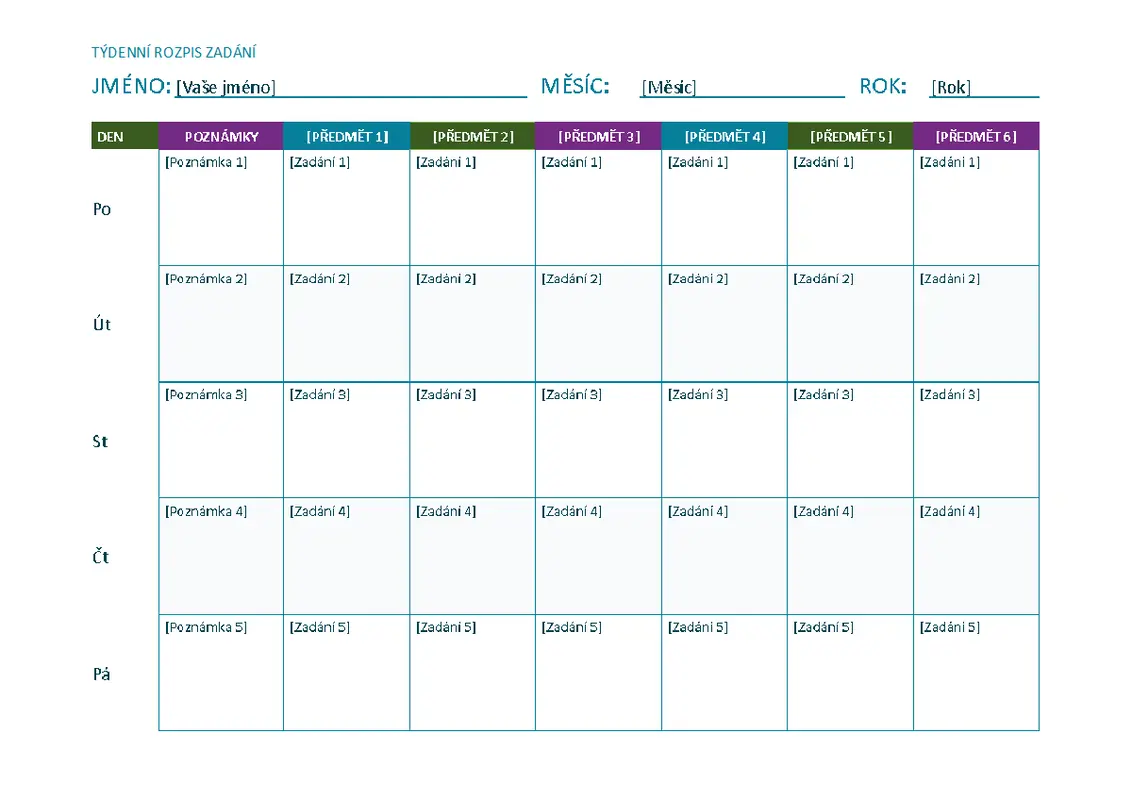 Týdenní rozpis zadání (barevný, na šířku)