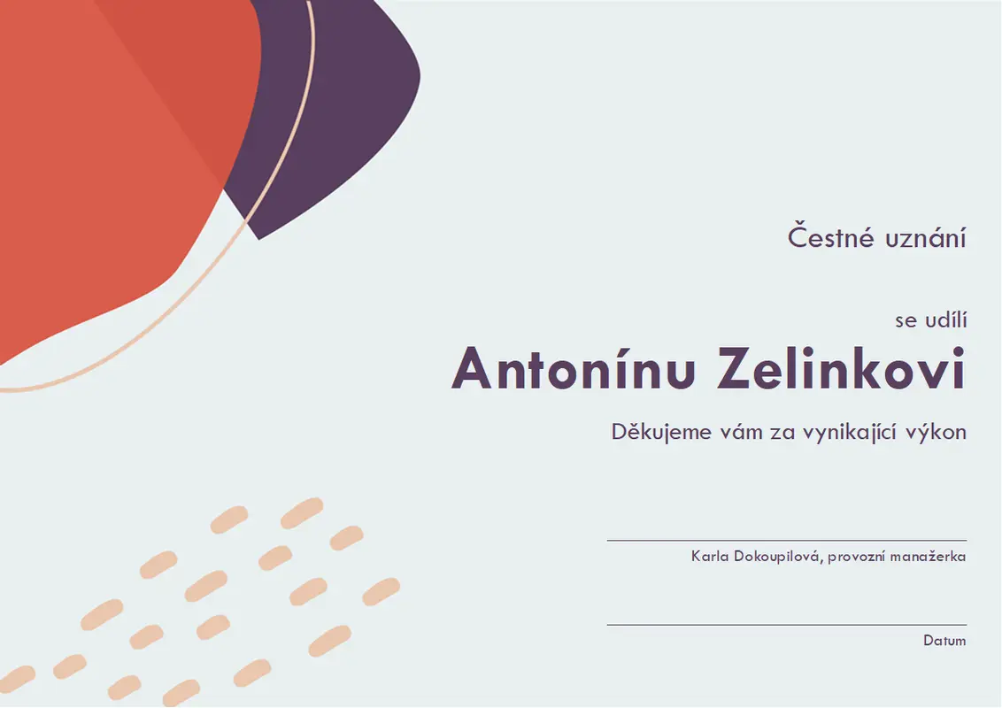 Čestné uznání pro administrativního pracovníka organic-simple