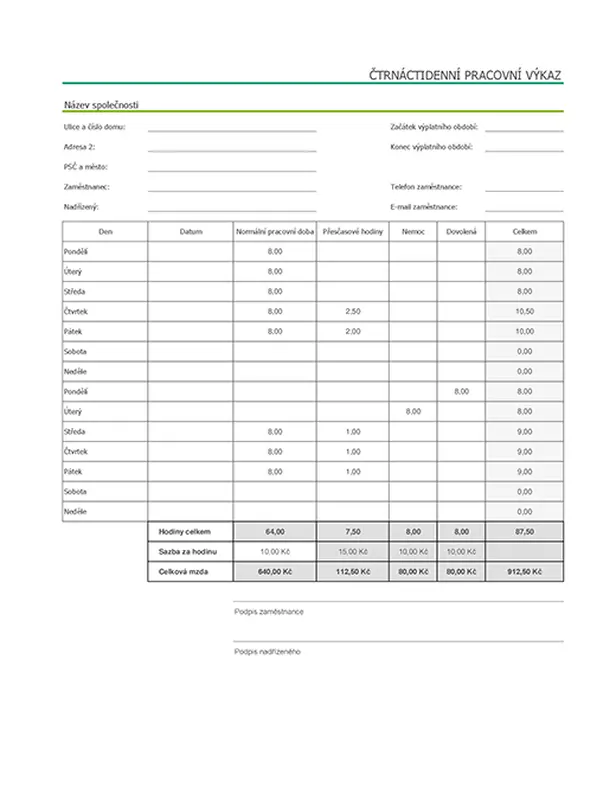 Čtrnáctidenní pracovní výkaz s údaji o nemoci a dovolené (a ukázkovými daty) modern simple