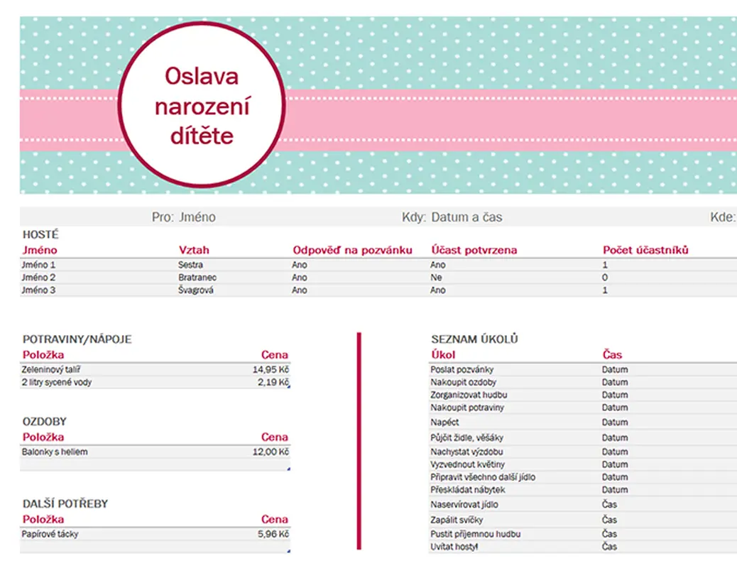 Plánovač oslavy narození dítěte