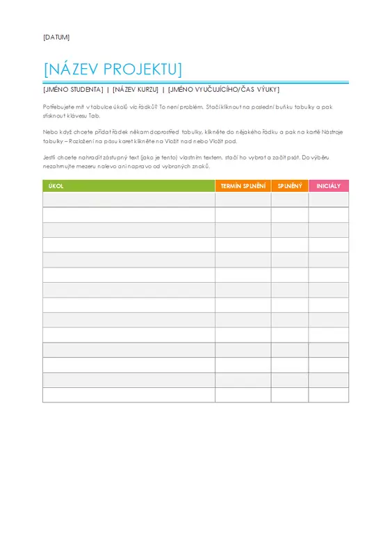 Seznam úkolů projektu