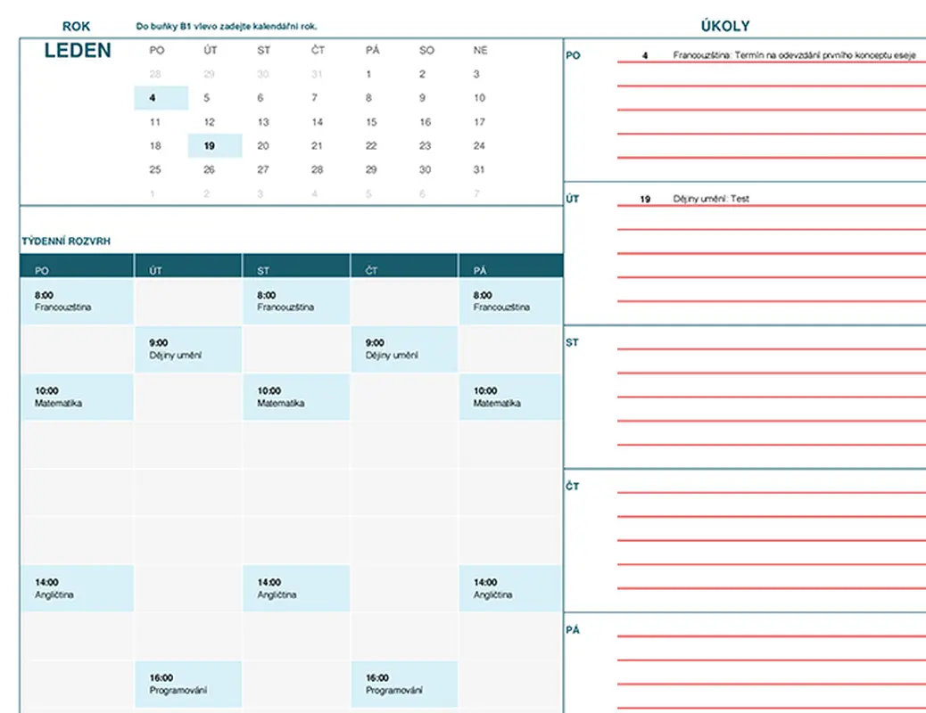 Studentský kalendář (začátek týdne v pondělí)