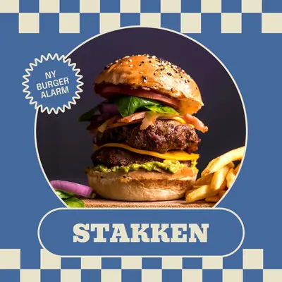 Ny burgerbesked blue retro,monochromatic,checkers,simple,bold,graphic