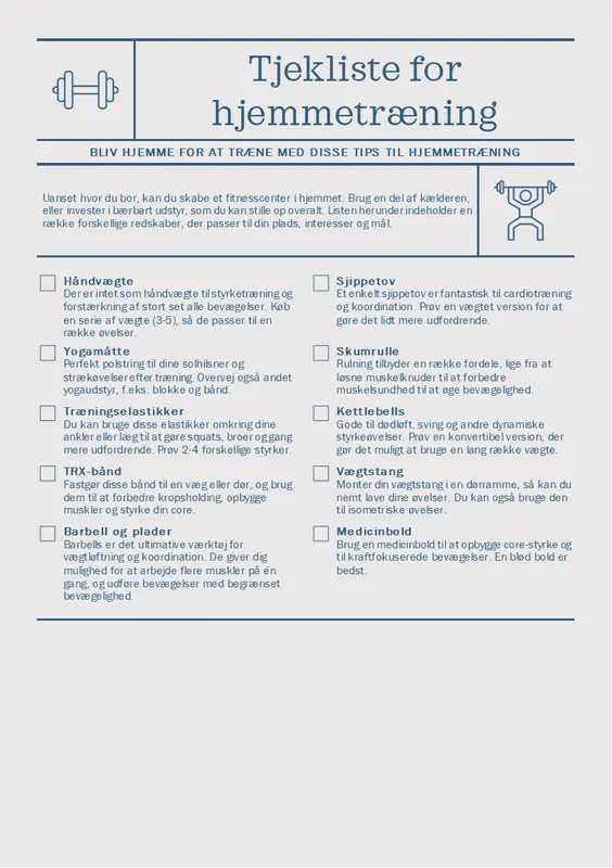 Tjekliste for hjemmetræning modern-simple