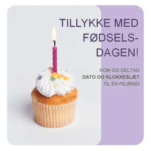 Løbeseddel med fødselsdagsinvitation (med en cupcake) purple modern-simple