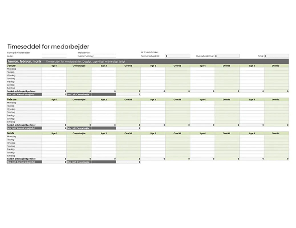 Timeseddel for medarbejder (daglig, ugentlig, månedlig og årlig) green modern simple