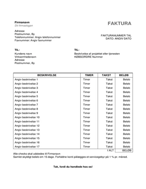 Tjenestefaktura med timer og takst