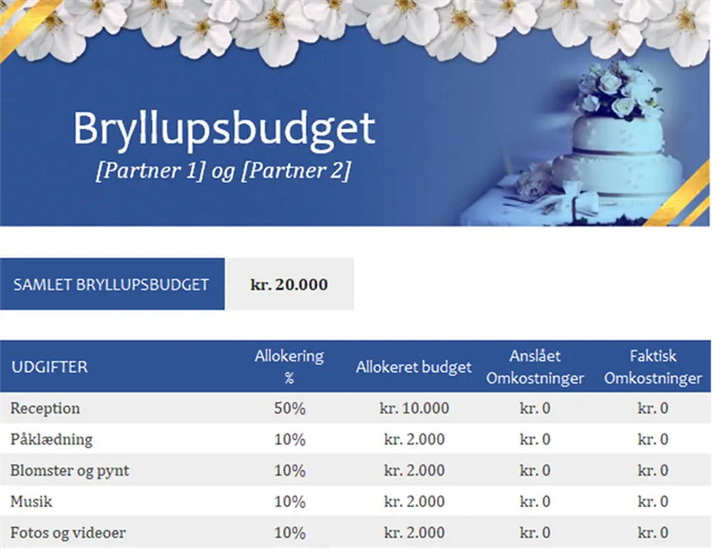 Skabelon til at holde styr på bryllupsbudgettet modern simple