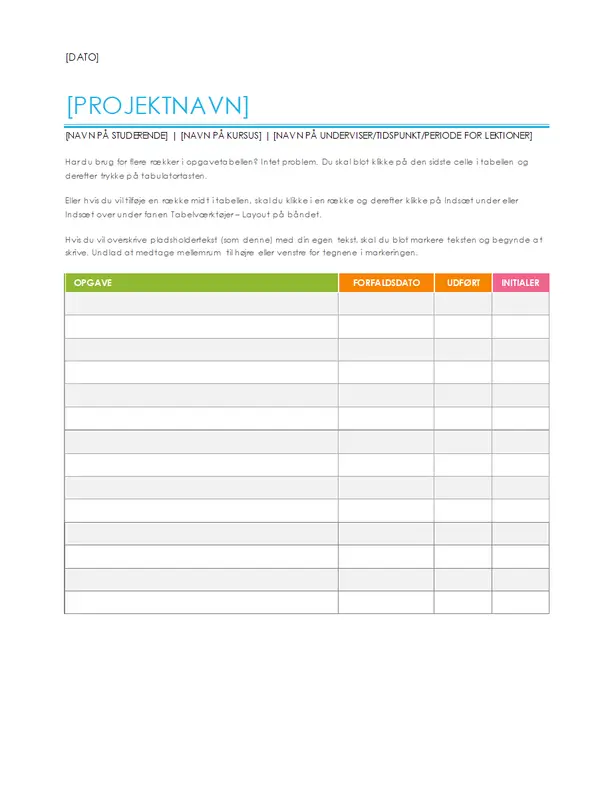 Liste over projektopgaver