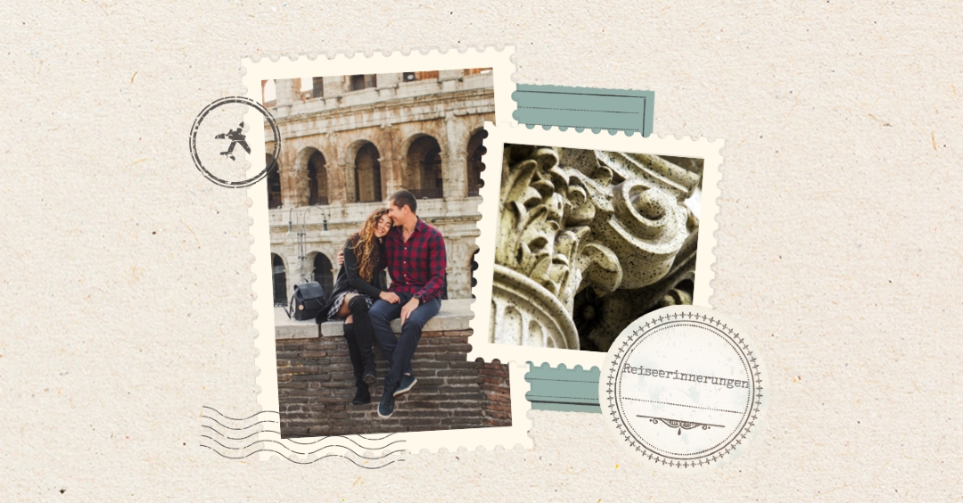 Reiseerinnerungen Scrapbook brown vintage,stamp,collage,whimsical,motif,scrapbook,retro,