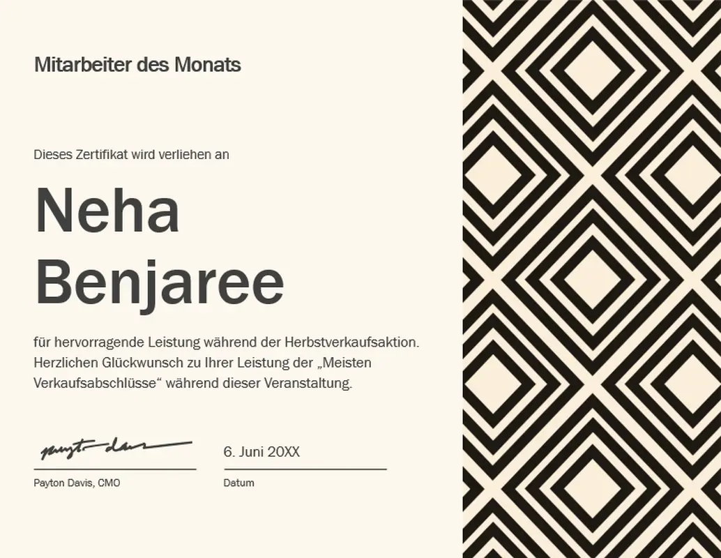 „Mitarbeiter des Monats (Diamant)“-Urkunde  modern-geometric