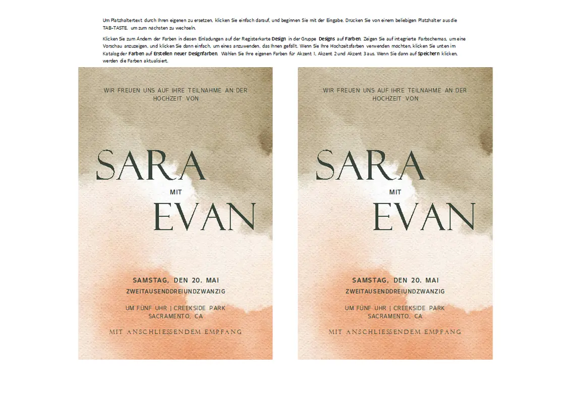 Hochzeitseinladungen (Wasserfarbendesign, 2 pro Seite, funktioniert mit Avery 5389) organic simple