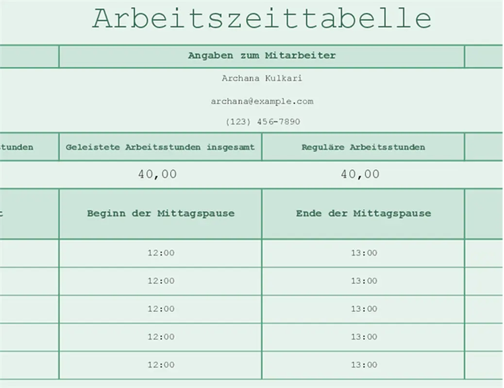 Arbeitszeittabelle (Arbeitsblatt) modern simple