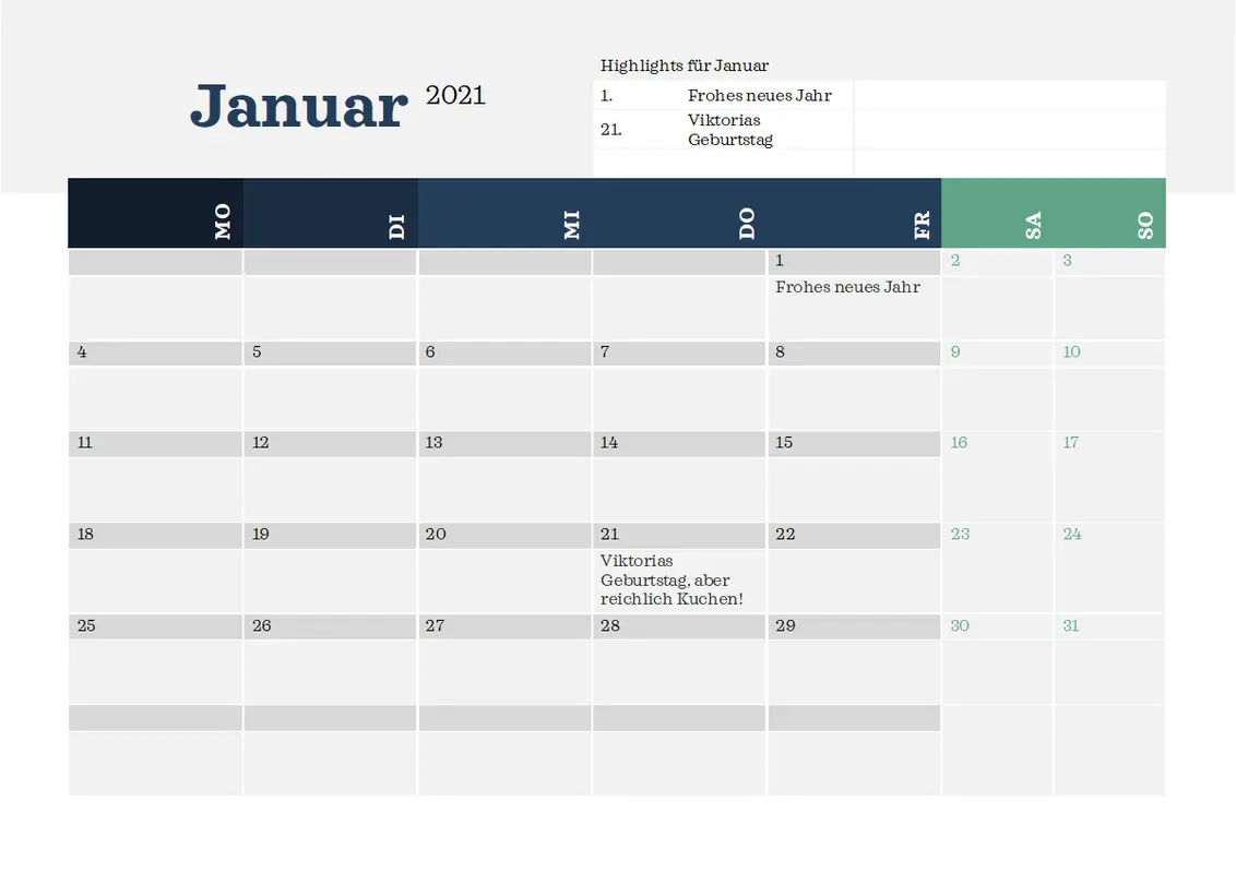 Moderner Kalender mit Highlights modern-simple