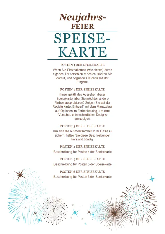 Speisekarte für Neujahrsparty modern-simple