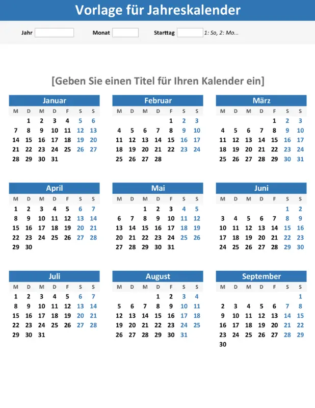 Kalender „Ein Jahr im Überblick“ (Hochformat) blue modern-simple