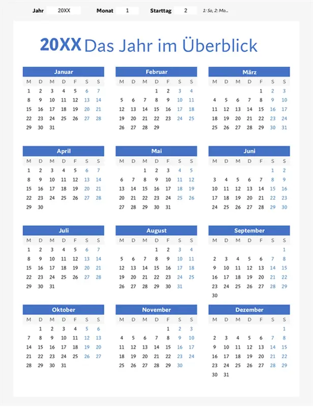 Kalender „Ein Jahr im Überblick“ (Hochformat) modern-simple