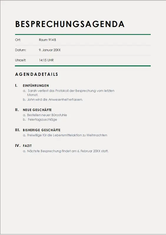 Klassische Tagesordnung für eine Besprechung modern simple