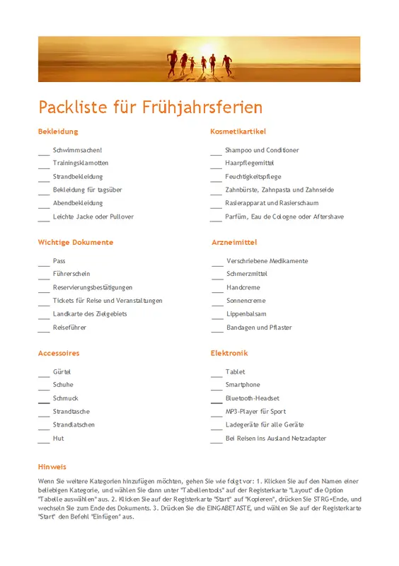 Urlaubspackliste