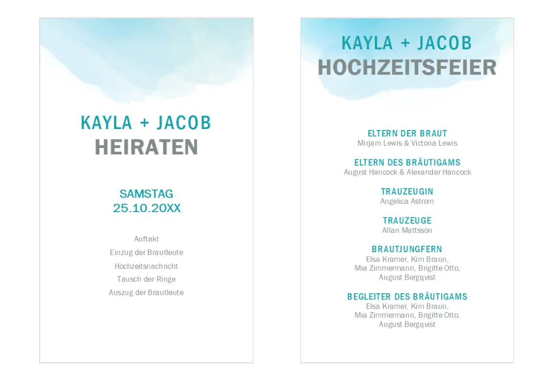 Hochzeitsprogramm in Aquarellfarben mit Auswaschungseffekt blue organic simple