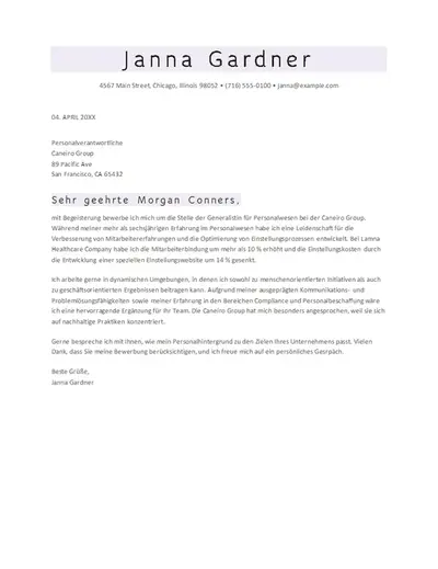 Klassisches für Bewerbermanagementsysteme optimiertes Anschreiben für das Personalwesen