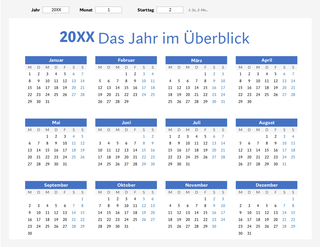 Kalender „Ein Jahr im Überblick“ (Querformat) blue modern-simple