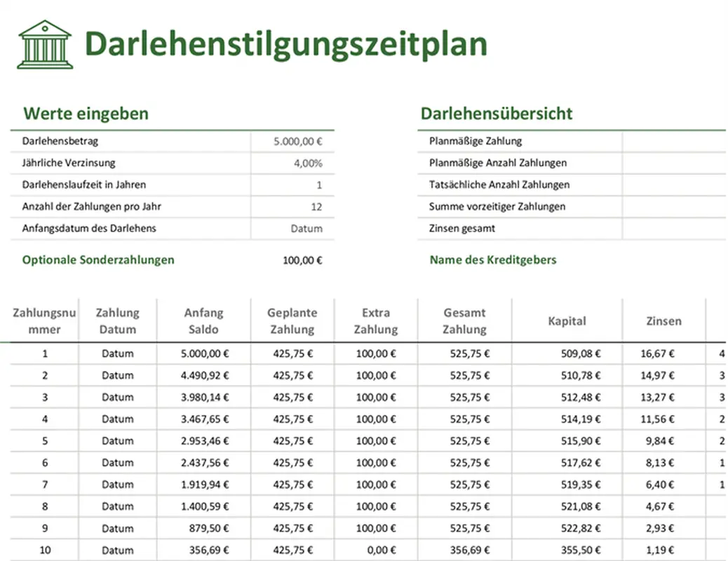 Darlehenstilgungszeitplan modern-simple