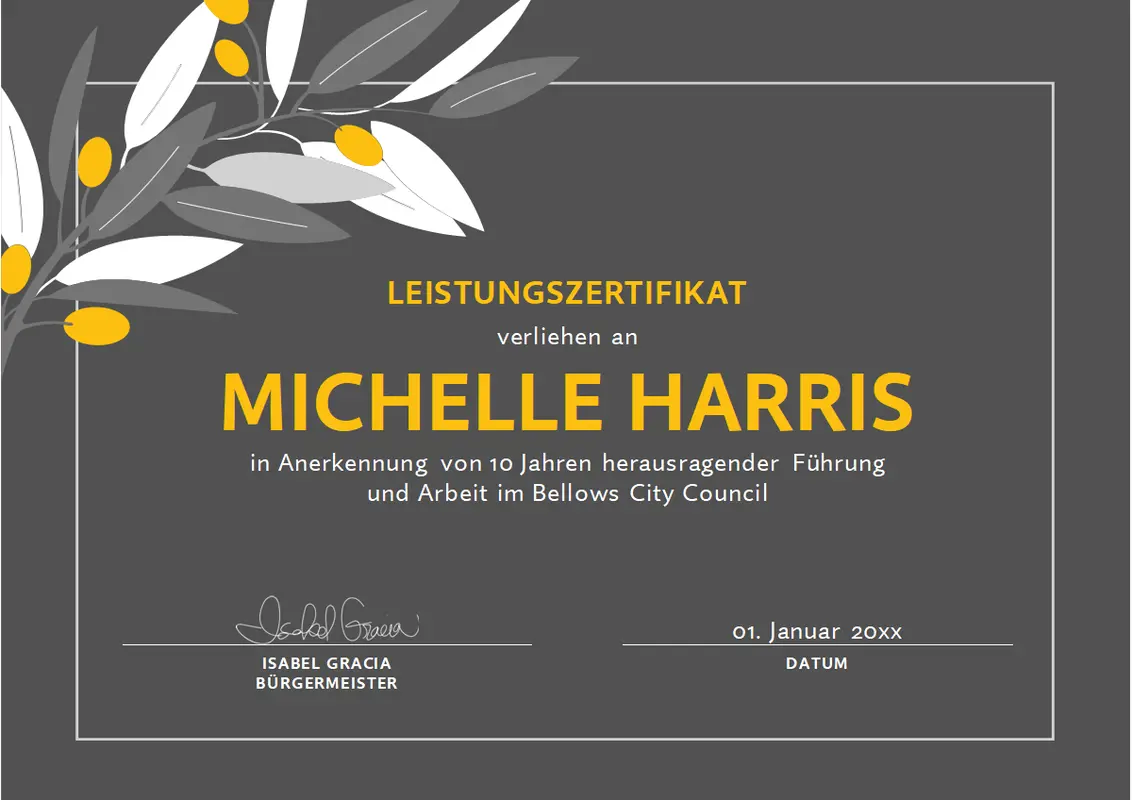 Leistungszertifikat „Olivenzweig“