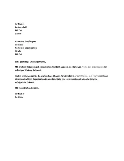 Schreiben zum Ausscheiden aus dem Vorstand
