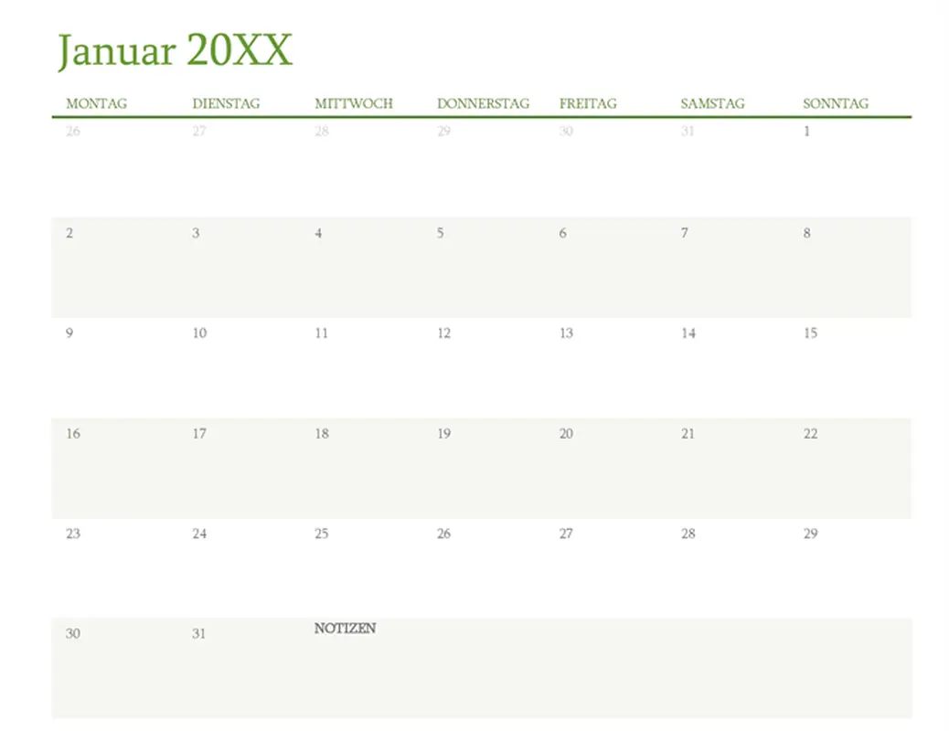 Kalender für beliebiges Jahr (1 Monat pro Registerkarte) modern-simple