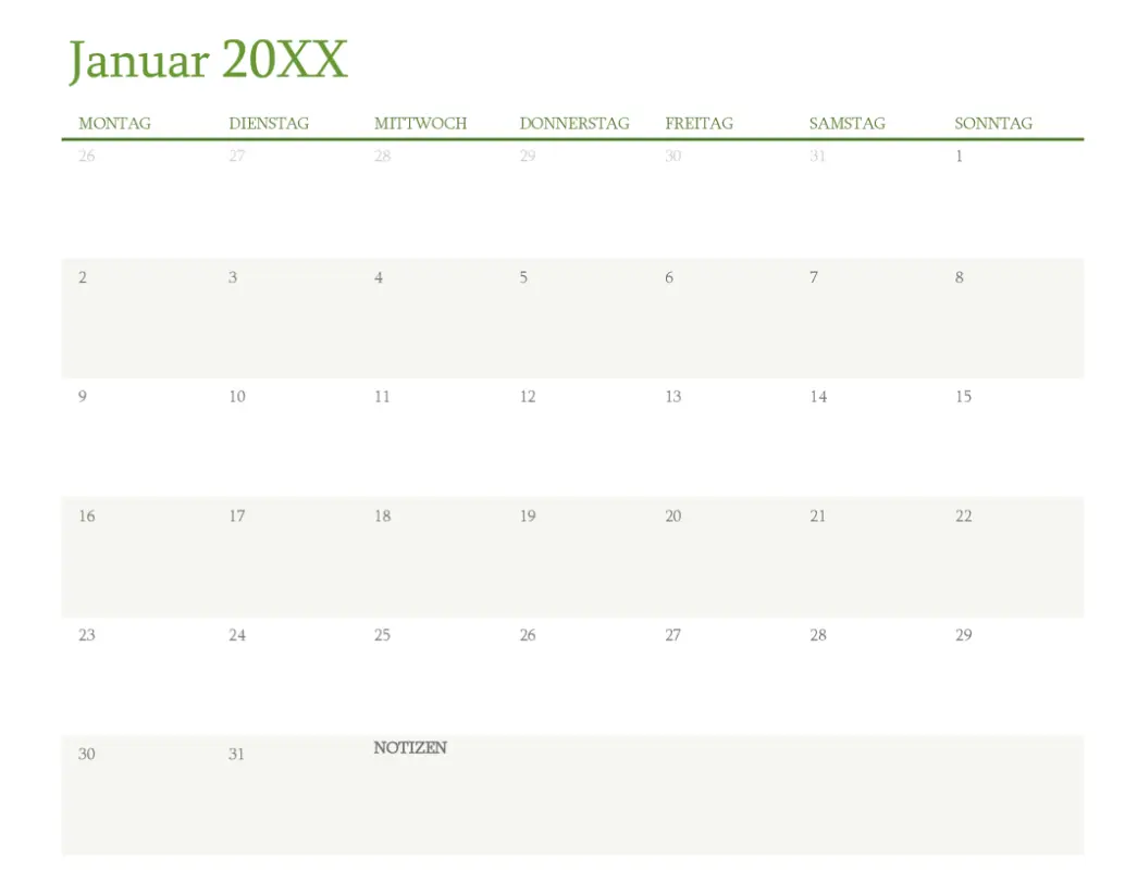 Kalender für beliebiges Jahr (1 Monat pro Registerkarte) green modern-simple