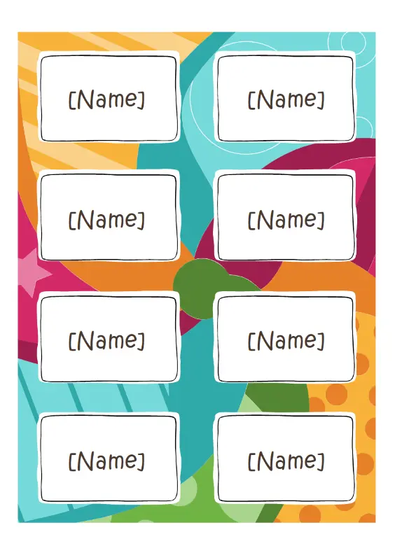 Namensschilder (helles Design, 8 pro Seite, funktioniert mit Avery 5395 und ähnlichem) whimsical color block