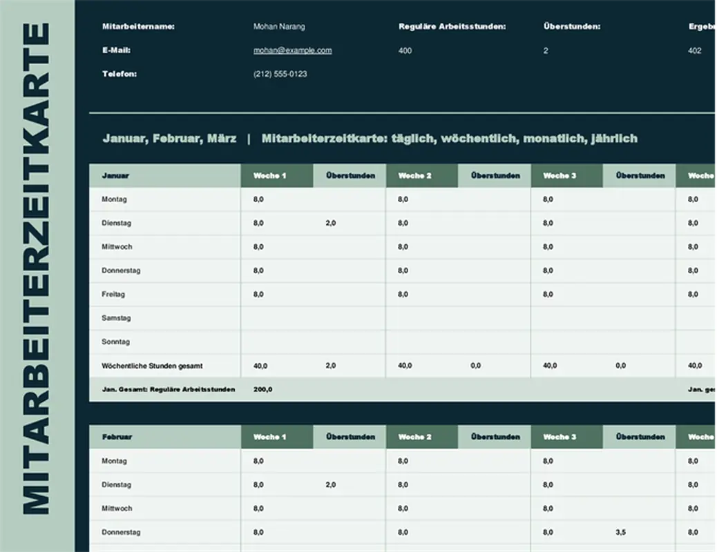 Arbeitszeittabelle für Mitarbeiter (wöchentlich, monatlich, jährlich) modern simple