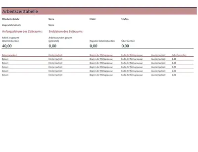 Arbeitszeittabelle (wöchentlich)