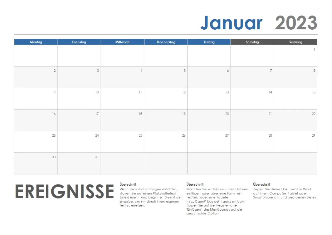 Horizontaler Kalender (Beginn Montag) blue modern-simple
