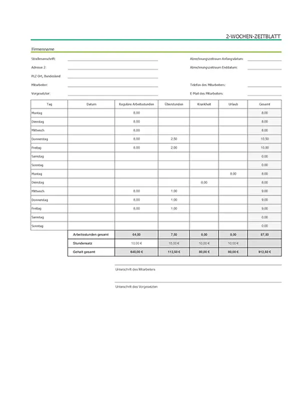 Arbeitszeittabelle für zwei Wochen mit Abwesenheit aufgrund von Krankheit und Urlaub (mit Beispieldaten) modern simple
