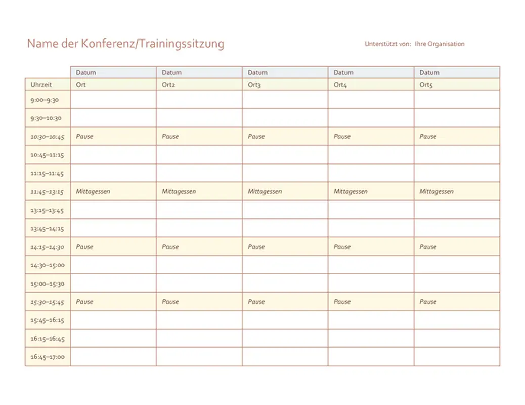 Veranstaltungszeitplan für 5 Tage