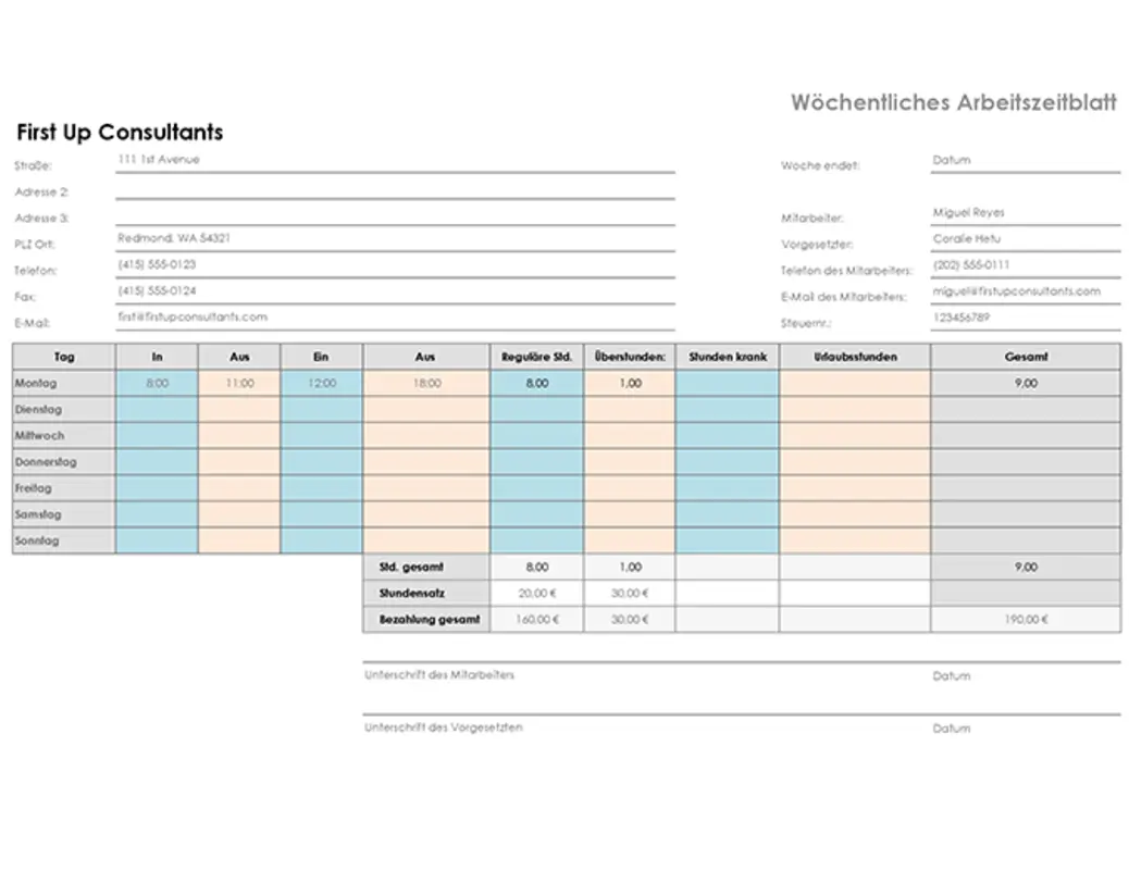 Wöchentliche Arbeitszeittabelle (A4, Querformat) modern simple
