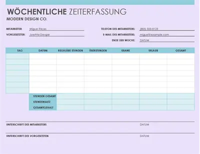 Wöchentliche Arbeitszeittabelle (8 1/2 x 11, Hochformat) modern simple