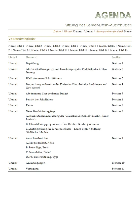 Agenda für Sitzung des Lehrer-Eltern-Ausschusses modern simple