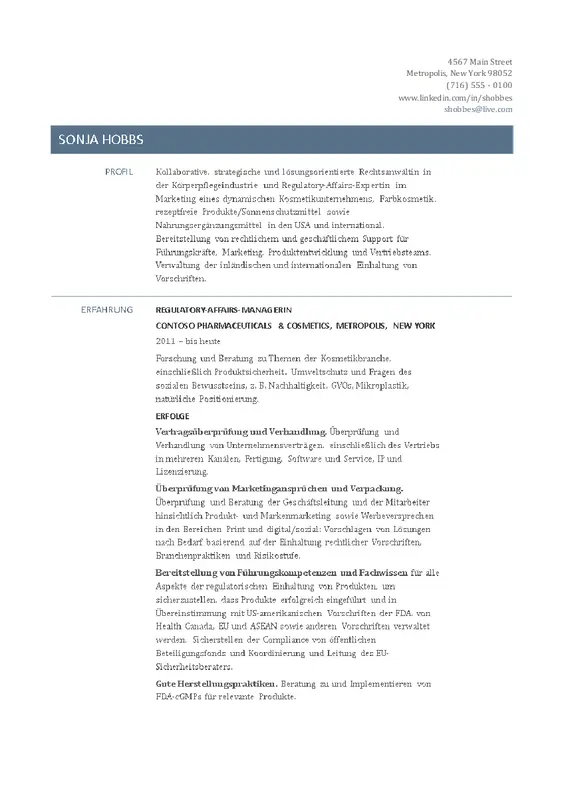 Lebenslauf für Regulatory Affairs Manager modern simple