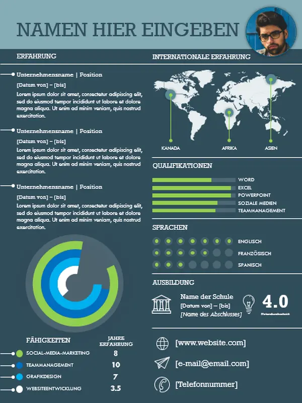 Internationaler Lebenslauf mit Infografiken modern simple