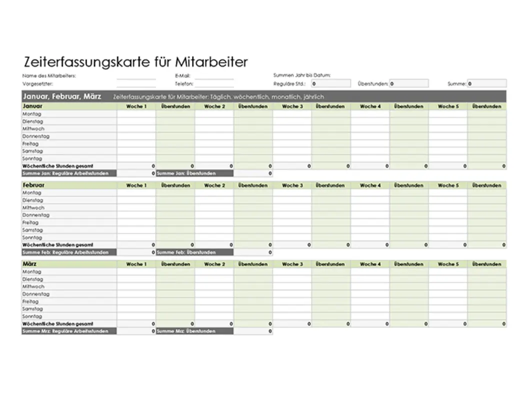 Zeiterfassungskarte für Mitarbeiter (täglich, wöchentlich, monatlich und jährlich) green modern simple