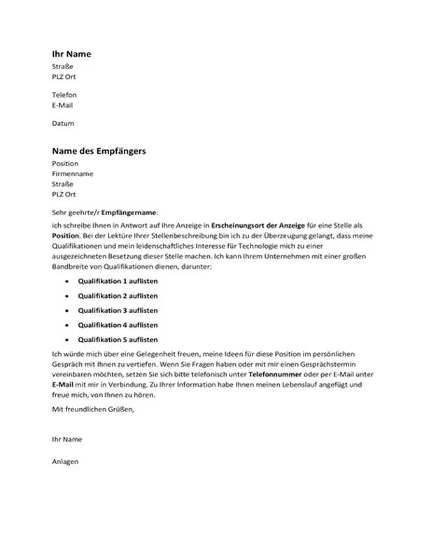 Anschreiben in Antwort auf eine Anzeige